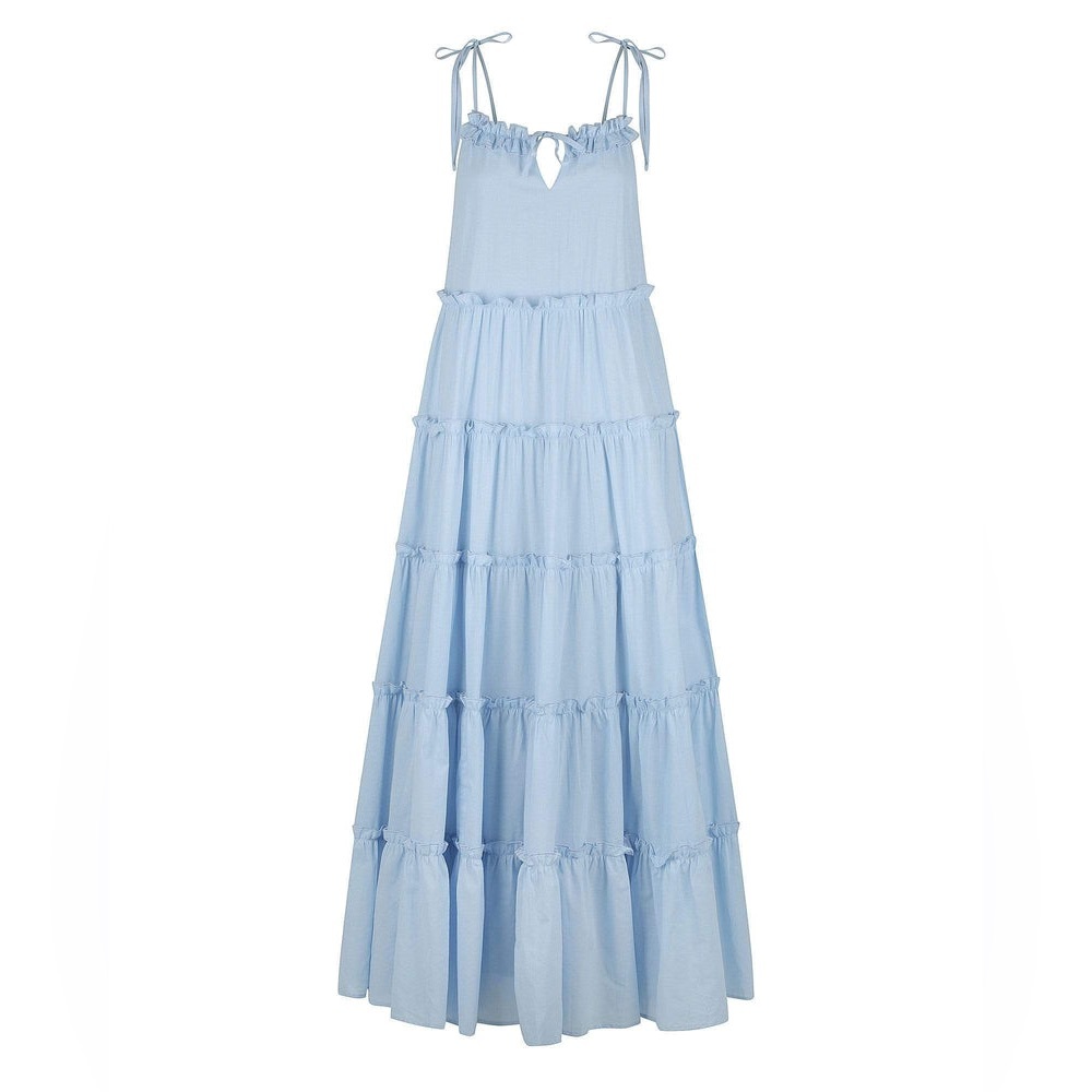 Charlie Holiday light blue cotton tiered casual summer maxi dress